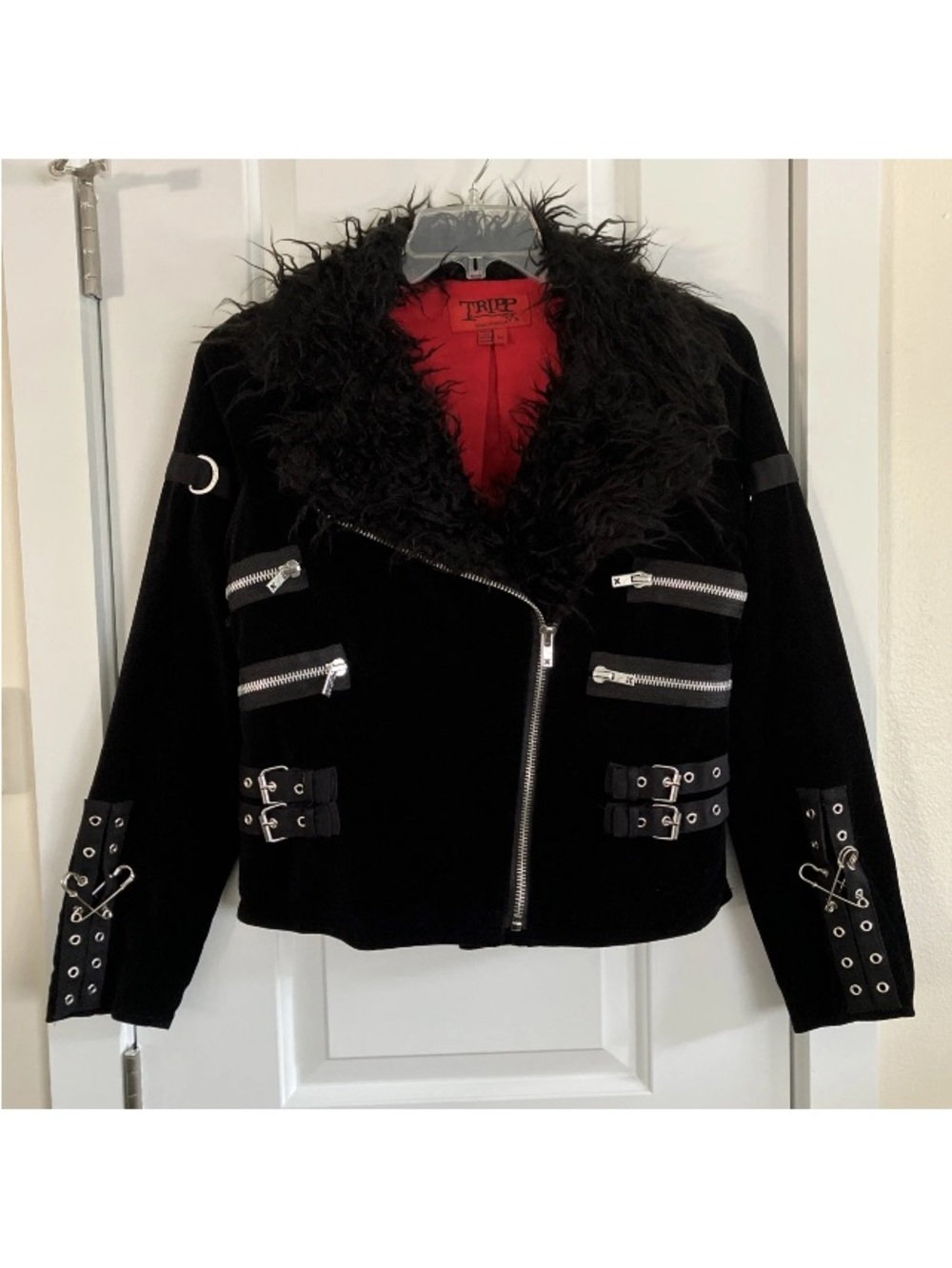 Vintage Tripp NYC Moto Jacket Velvet Faux Fur M Black Bondage Goth Y2K Punk Moto - Picture 4 of 16